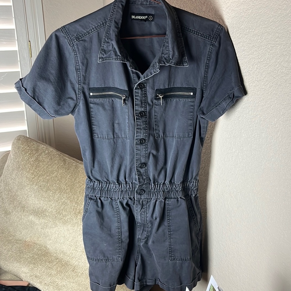 Industrial style romper on faded navy. Perfect for summer!